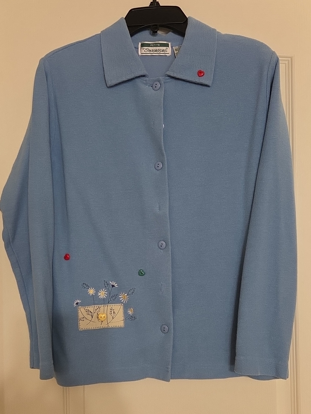 Shenanigans Petite Light Blue Embroidered Button-Front Cardigan